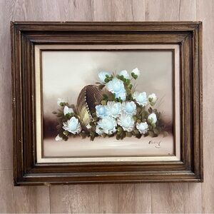 Vintage Framed Oil Painting On Canvas Still Life Flowers Signed By Rossy 24”x28”